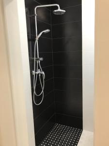 a shower with black tiles and a shower head at VICTORIA LUXURY APARTMENT in Bucharest
