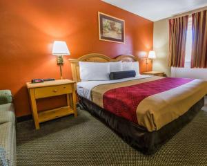 une chambre d'hôtel avec un grand lit et une chaise dans l'établissement Econo Lodge, à Hermitage