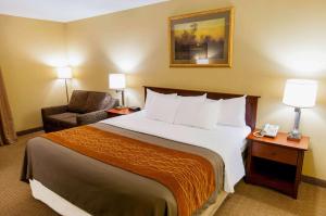 a hotel room with a large bed and a chair at Comfort Inn Amish Country in New Holland