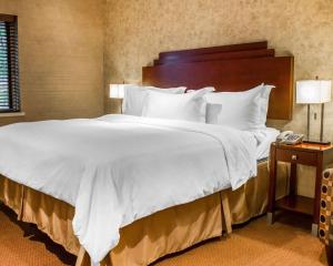 
a bed with a white comforter and pillows at The Woodlands Inn, Ascend Hotel Collection in Wilkes-Barre
