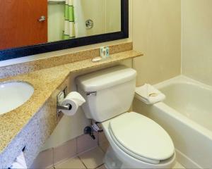 a bathroom with a toilet and a sink and a mirror at Quality Inn Cranberry Township in Cranberry Township
