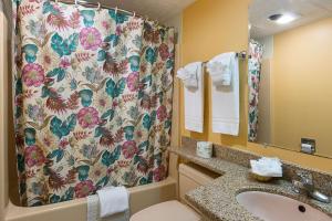 a bathroom with a sink and a shower curtain at Rodeway Inn Milford - I-84 in Milford