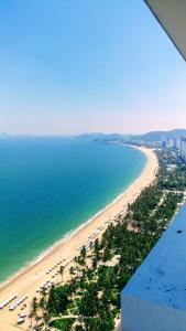 Una vista de una playa con palmeras y el océano. en Little Nha Trang Hotel, en Nha Trang