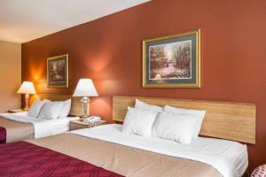 GreenevilleにあるGreeneville Inn And Suitesのオレンジ色の壁のホテルルーム内のベッド2台