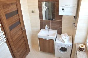 a bathroom with a sink and a washing machine at Apartament Parkowy Piątka in Gniezno