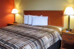 una camera d'albergo con un grande letto con due lampade di Rodeway Inn Murfreesboro Downtown a Murfreesboro