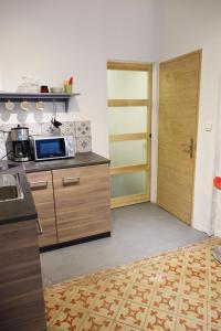 アヴィニョンにあるStudio charmant intra-murosの電子レンジ付きのキッチン、部屋へのドア