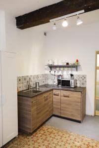uma cozinha com um lavatório e um micro-ondas em Studio charmant intra-muros em Avignon