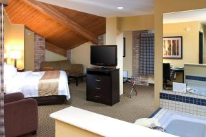 a hotel room with a bed and a television and a tub at Quality Inn & Suites Sun Prairie Madison East in Sun Prairie