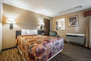 Una habitación de hotel con una cama grande y un escritorio. en Rodeway Inn Cheyenne I-80 East, en Cheyenne 15 fotos más