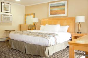 Mount Royal Inn في آدامز: غرفه فندقيه بسرير كبير وطاولتين
