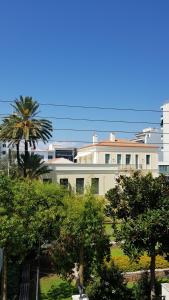 un bâtiment blanc avec un palmier en face dans l'établissement Bonnie & Clyde, à Kalamata