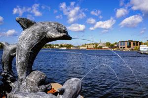 Clarion Lakeside Inn & Conference Centre في كينورا: تمثال دلفين ينفخ الماء في الماء