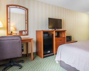 a hotel room with a bed and a desk with a television at Quality Inn Colorado Springs Airport in Colorado Springs