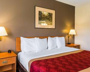 West End Lodge في باغوسا سبرينغز: سرير كبير في غرفة الفندق مع مصباحين