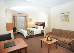 Sleep Inn Hotel Paseo Las Damas في سان خوسيه: غرفه فندقيه بسرير واريكه