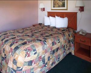 una habitación de hotel con una cama y un teléfono en Rodeway Inn Leesburg Chain of Lakes, en Leesburg
