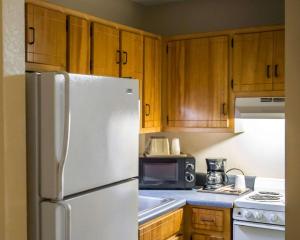 a kitchen with a white refrigerator and wooden cabinets at Econo Lodge in Panama City