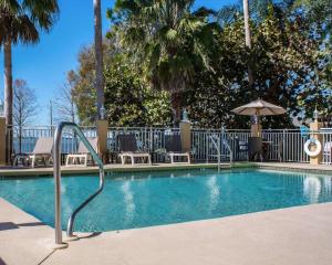 a small swimming pool with an umbrella and chairs and an umbrella at Comfort Suites Clearwater - Dunedin in Clearwater