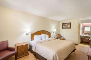 a hotel room with a bed and a chair at Rodeway Inn Tampa near Busch Gardens-USF in Tampa