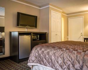 a hotel room with a bed and a flat screen tv at Rodeway Inn Near Ybor City - Casino in Tampa
