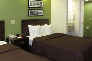 two beds in a hotel room with green walls at Rodeway Inn Albany South in Albany