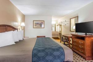 um quarto de hotel com uma cama, uma secretária e uma televisão em Econo Lodge Midtown em Savannah