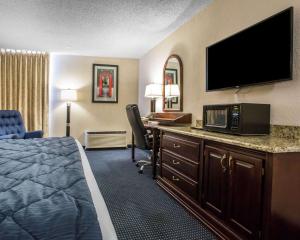 a hotel room with a bed and a desk with a television at Quality Inn Schaumburg - Chicago near the Mall in Schaumburg