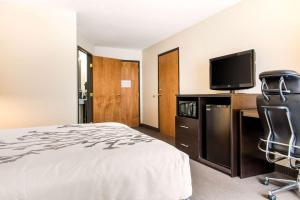 a hotel room with a bed and a desk and a tv at Sleep Inn & Suites Columbus in Columbus