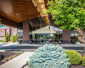 un montón de flores azules delante de un edificio en Quality Inn Indianapolis, en Castelton