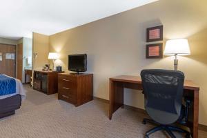 um quarto de hotel com uma secretária, uma cama e uma televisão em Comfort Inn em Iron Mountain