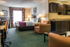 カントンにあるComfort Suites Canton - Detroitのベッドとキッチン付きの広いホテルルームです。