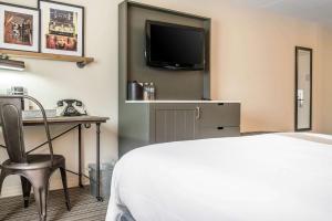 um quarto de hotel com uma cama, uma secretária e uma televisão em enVision Hotel Saint Paul South em South Saint Paul