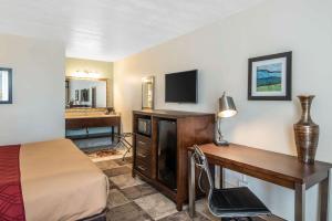 a bedroom with a desk and a bed and a desk sidx sidx sidx at Econo Lodge Oak Grove-Blue Springs in Oak Grove