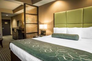 a hotel room with a large bed with a green headboard at Comfort Suites New Bern near Cherry Point in New Bern