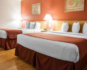 2 große Betten in einem Hotelzimmer mit roten Wänden in der Unterkunft Econo Lodge Old Town in Albuquerque