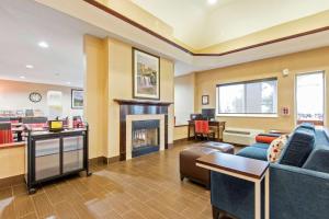 a living room with a fireplace and a couch at Comfort Suites Rochester Henrietta University Area in Henrietta