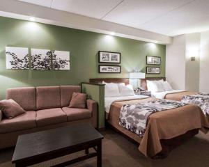 チークトワーガにあるスリープ イン & スイーツ バッファロー エアポート チークタワーガのベッド2台とソファが備わるホテルルームです。