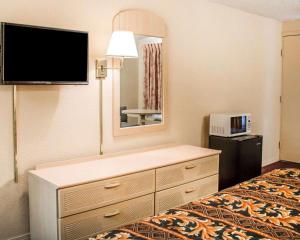 a hotel room with a bed and a dresser with a mirror at Rodeway Inn Findlay in Findlay