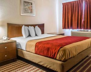 a hotel room with a bed with a red window at Economy Inn & Suites in Warren +6 photos