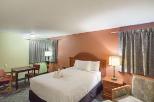 a hotel room with a bed and a desk at Rodeway Inn Wauseon in Wauseon +20 photos