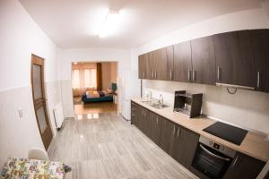 a kitchen with wooden cabinets and a living room at Travel Homzzz Apartments in Târgu-Mureş