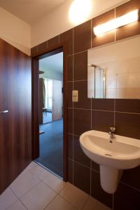 a bathroom with a sink and a mirror at Penzion Ruland in Brno