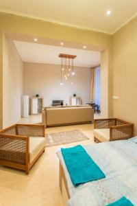 ブダペストにあるDobStreet Dream Apartmentのベッドルーム1室(ベッド2台付)、リビングルームが備わります。