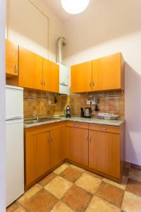 ブダペストにあるDobStreet Dream Apartmentのキッチン(木製キャビネット、白い冷蔵庫付)