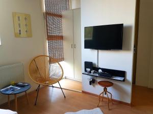 uma sala de estar com uma televisão de ecrã plano e uma cadeira em Apartman Centar em Niš