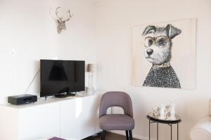 a living room with a tv and a dog wearing glasses at Long Island in Olpenitz