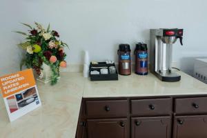 a kitchen counter with a coffee machine and a flower arrangement at Motel 6-Montgomery, AL - Coliseum in Montgomery
