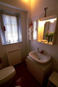 uma casa de banho com um lavatório, um WC e um espelho. em Il Querceto em Bosco