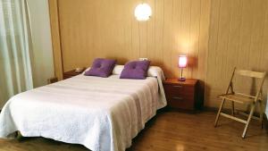 een slaapkamer met een bed met paarse kussens en een stoel bij Hostal Anas in Merida